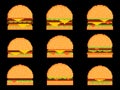 Pixel burger icon set isolated on black background. 8-bit cheeseburger with two cutlets and cheese. Collection of cheeseburger and Royalty Free Stock Photo