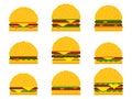 Pixel burger icon set isolated on white background. 8-bit cheeseburger with two cutlets and cheese. Collection of cheeseburger and Royalty Free Stock Photo