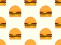Pixel burger seamless pattern. 8-bit cheeseburger with two patties and cheese. Cheeseburger with two cutlets, cheese and sauces in
