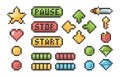 Pixel buttons. Retro video games trophy pictogram menu bars ui elements vector pixel set