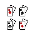 Pixel Card poker images, spears, spades, cloves, hearts, tiles, diamonds. Poker card patterns. vector illustration