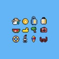 Pixel cartoon summer icon set.8bit.Holiday.