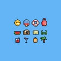 Pixel cartoon summer icon set.8bit holiday.