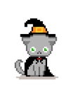 pixel cat wearing a witch suit. vector illustration