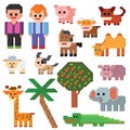 Pixel character vector farm animal pixelart and cartoon animalistic farming signs for 8bit game illustration