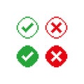 Pixel check mark and cross icon set. Positive and negative choice 8bit illustration symbol. Sign app button vector