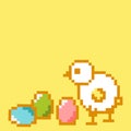 Pixel chicken and Easter eggs on a yellow background. Vector illustration for a greeting card. Space for your text