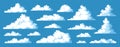 Pixel clouds. 8 bit game asset collection, videogame background environment element, cartoon heaven blue sky. Vector Royalty Free Stock Photo