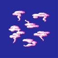 Pixel clouds. Set of different clouds isolated on blue background. Vintage symbol.