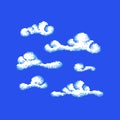 Pixel clouds. Set of different clouds isolated on blue background. Vintage symbol.