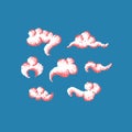 Pixel clouds. Set of different clouds isolated on blue background. Vintage symbol.