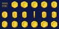 Pixel coin animation sprite. Retro 8 bit game money golden coins and bonus objects, 2d arcade video game asset. Vector