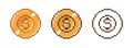 Pixel coin icon. Retro 8 bit yellow gold money, arcade game coins asset, 2D 16 bit sprite for game asset, cartoon golden