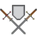 Pixel composition of two crossed swords and a shield above them