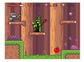 Pixel computer game interface. Wizard in mantle waiting for the hero. Knight goes down the platforms