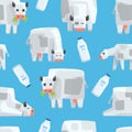 Pixel Cow and Milk Bottle Seamless Pattern, Natural Dairy Products, Textile, Wallpaper, Wrapping Paper, Background