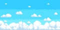 Pixel cumulus clouds in blue sky. Retro video game background, 8 bit heaven landscape, white fluffy cloudlets, arcade cloudscape Royalty Free Stock Photo