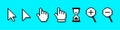 Pixel cursor or computer mouse pointer icons set. Pixel art cursors - arrows, hand click pointers, magnifier and hourglass.