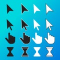 Pixel cursor pointer, hand, arrow, hourglass, click, press vector icons. Cursor symbol, hand arrow cursor icon Royalty Free Stock Photo