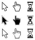 Pixel cursors icons-arrow, hourglass, hand mouse.