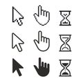 Pixel cursors icons: mouse hand arrow hourglass. Royalty Free Stock Photo