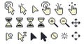 Pixel cursors. Retro vintage pointer cursor arrow hand finger icons, 8 bit computer game mouse pointer and finger tap Royalty Free Stock Photo