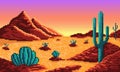 Pixel desert with mountains and cacti background