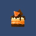 Pixel dessert. Biscuit cake with orange cream. Isolated on dark background.