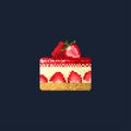 Pixel dessert. Creamy biscuit cake with strawberry cream. Isolated on dark background.