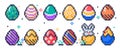 Pixel Easter eggs. Painted chicken 8bit eggs, pixel art arcade game eggs icons, spring holiday egg hunt game flat vector Royalty Free Stock Photo