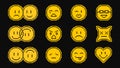 Pixel emoji smile pack. Various pixel art smiles with laugh or love emotions, combined faces, message chat emoticons and