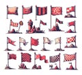 Pixel flags vector set. Red wavy banner achievements winners 8 bit trophy symbol, triangle checkered competition flaps