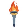 Pixel Flaming torch. Cartoon torch withe flame. Burning fire or flame. Sport fire sign.