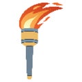 Pixel Flaming torch. Cartoon torch withe flame. Burning fire or flame. Sport fire sign.