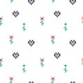 Pixel flowers and hearts. Seamless pattern on a white background. For fabric, children`s clothing, and more