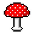 Pixel fly agaric icon. Toxic mushroom with red cap in white dots