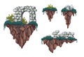 Pixel flying islands. Set of different flying island with ruins, stones and shrubs.