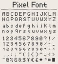 Pixel font alphabet, letters and numbers, retro videgame type Royalty Free Stock Photo