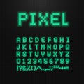 Pixel font, vector letters, numbers and signs on old computer led display. 8 bit video game typeface. Retro digital abc