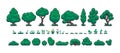 Pixel forest set. Retro 8 bit video game UI elements, trees bushes and grass sprite asset, background landscape objects