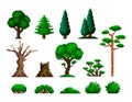 Pixel forest set. Trees bushes and grass sprite asset, retro 8 bit video game UI elements. Illustration of game trunk Royalty Free Stock Photo