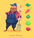 Pixel funny farmer character. on yellow background. Vector illustration.