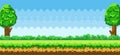 Pixel-game background. Pixel art game scene with green grass and tall trees against blue sky Royalty Free Stock Photo