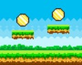 Pixel-game background with coins flying in blue sky. Pixel scene with green grass platform Royalty Free Stock Photo