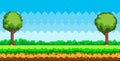 Pixel-game background. Pixel art game scene with green grass and tall trees against blue sky Royalty Free Stock Photo