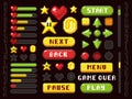 Pixel game buttons, navigation and notation elements and symbols vector set
