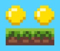 Pixel Game, Coins on Grass, Money on Ground Vector