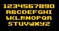 Pixel game font. Arcade alphabet symbols, retro console text elements, 80s type letters. Vector computer and video game Royalty Free Stock Photo