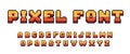 Pixel game font. Arcade 8 bit alphabet symbols, retro console text elements, 80s type letters. Vector computer and video Royalty Free Stock Photo
