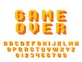 Pixel game font. 8 bit graphic 80s english language, retro square alphabet, robotic numbers and letters, video gaming Royalty Free Stock Photo